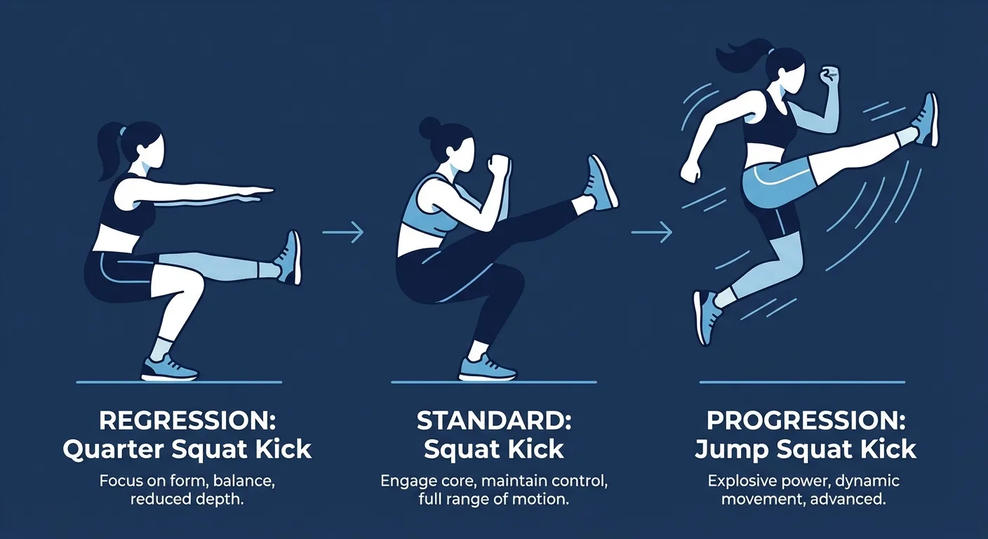 Squat kick progressions from quarter squat kick to standard alternating squat kick and jump squat kick