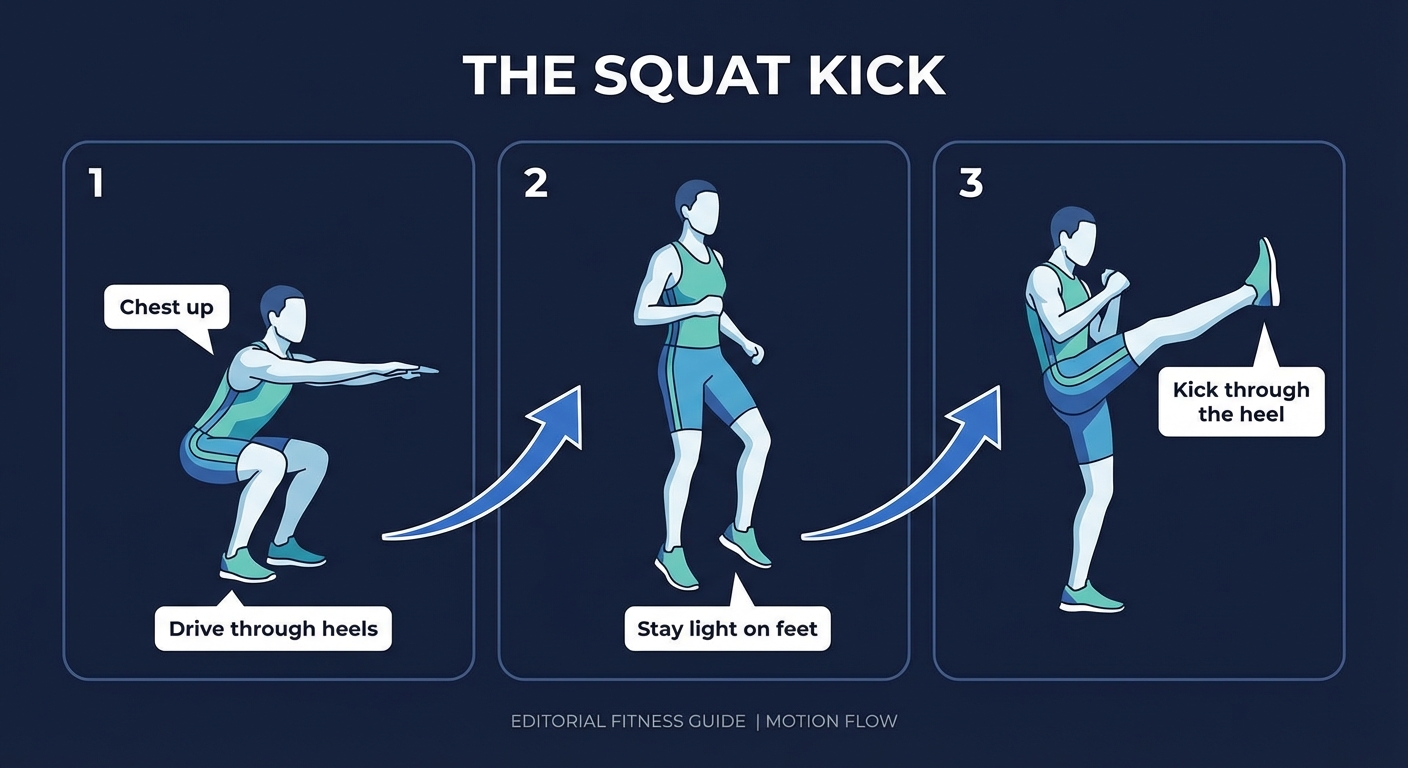 Squat kick proper form sequence showing the deep bodyweight squat, explosive stand, and high front kick with the heel driving upward