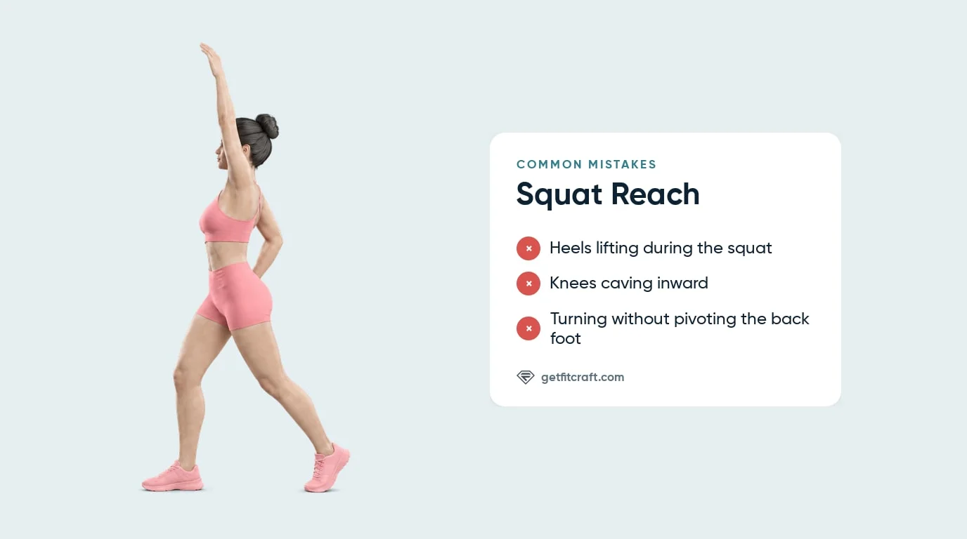 Squat to reach common mistakes listed beside the correct turn and reach: back heel lifted and one arm straight overhead