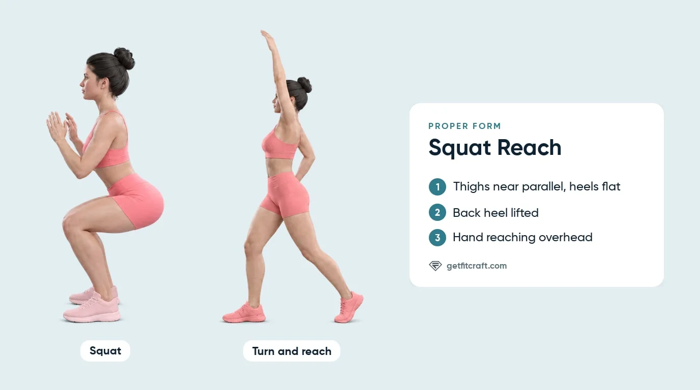 Squat to reach exercise in two phases: a squat with heels flat and hands at the chest, then a turn with one arm reaching up