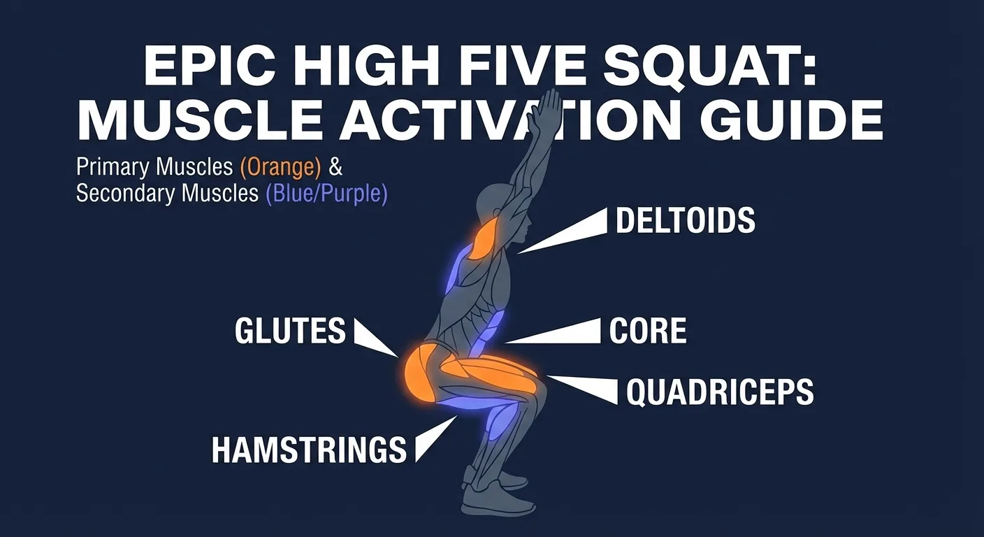 Squat reach muscles targeted diagram highlighting quads, glutes, hamstrings, shoulders, and core activation