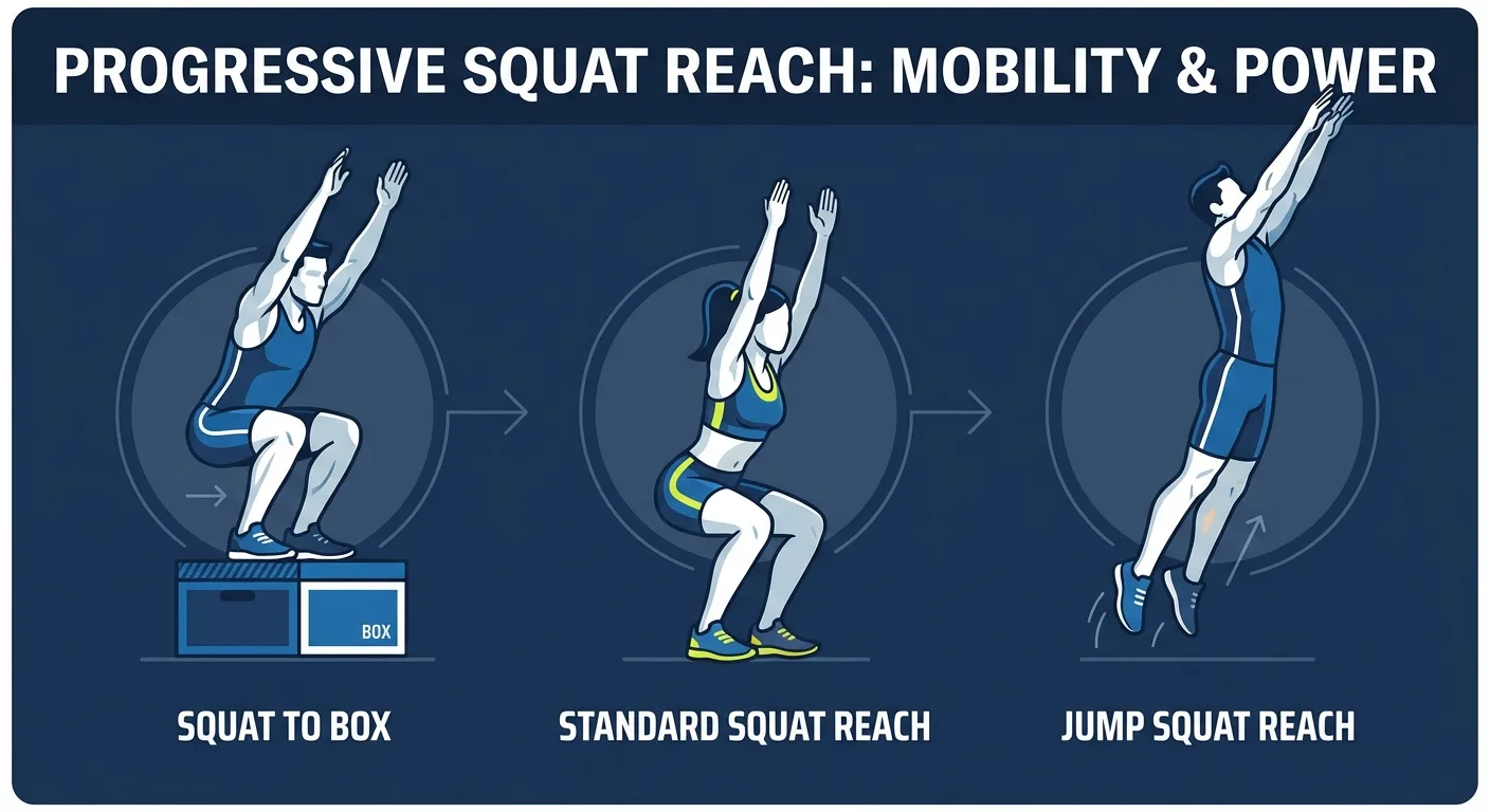 Squat reach variations side by side showing squat to box regression, standard squat reach, and jump squat reach progression