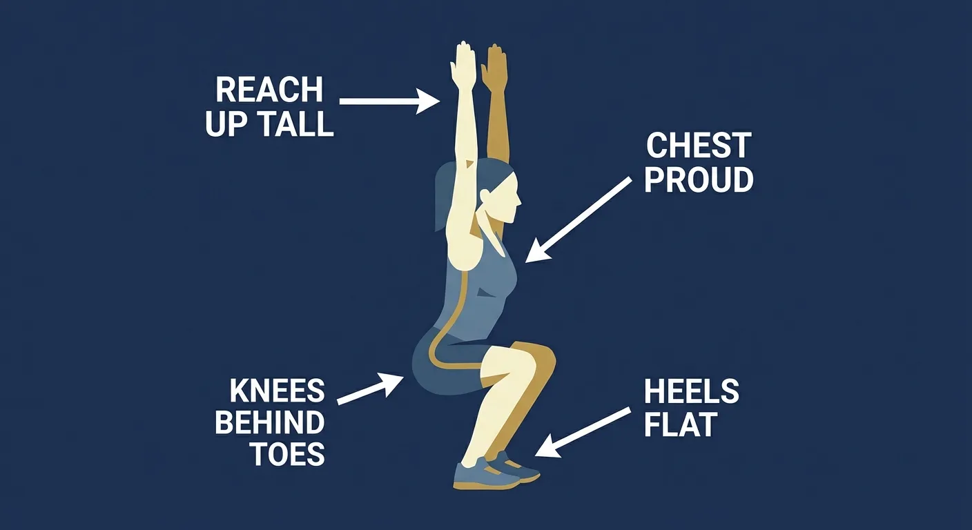 Squat reach proper form side view with form cues for squat depth, knee tracking, and overhead arm extension