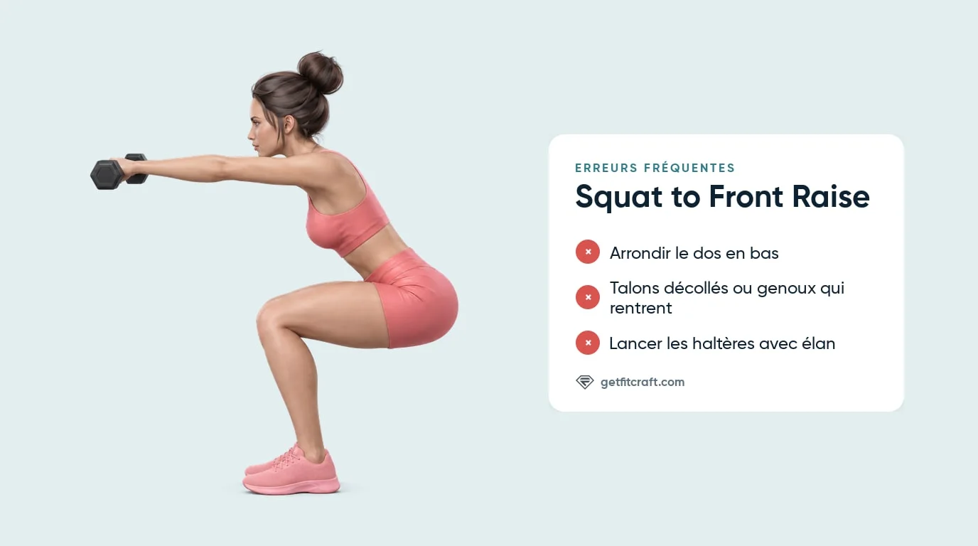 Squat to front raise avec haltères bien exécuté à côté d'une liste d'erreurs : dos arrondi, talons décollés, élan