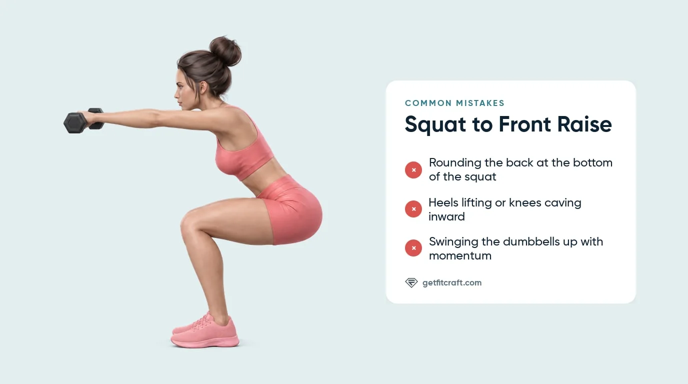 Dumbbell squat to front raise done correctly beside a list of mistakes: rounded back, heels lifting or knees caving, swinging