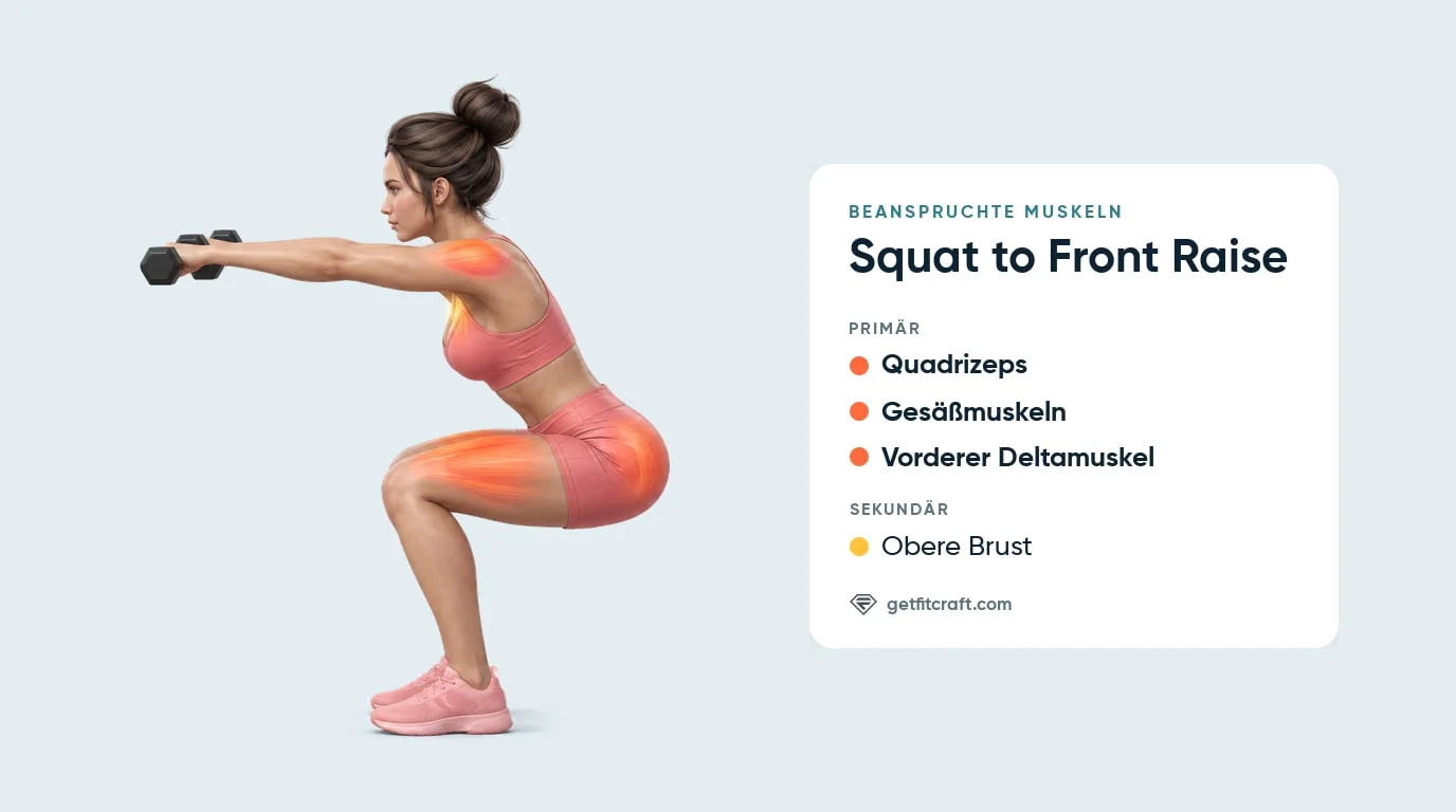 Squat to Front Raise, Muskeln: Quadrizeps, Gesäß und vordere Deltamuskeln hervorgehoben, obere Brust hilft mit
