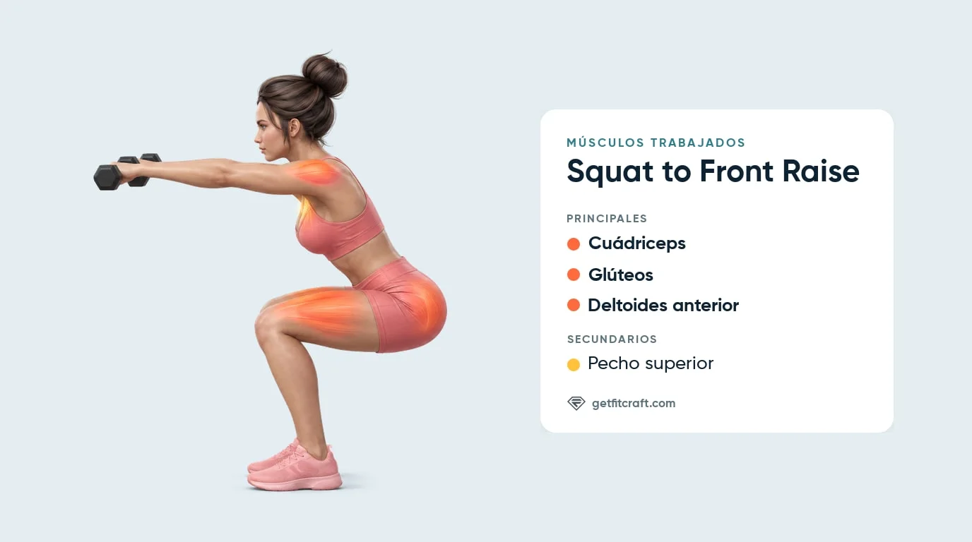 Squat to front raise, músculos: cuádriceps, glúteos y deltoides anteriores resaltados, con ayuda del pecho superior