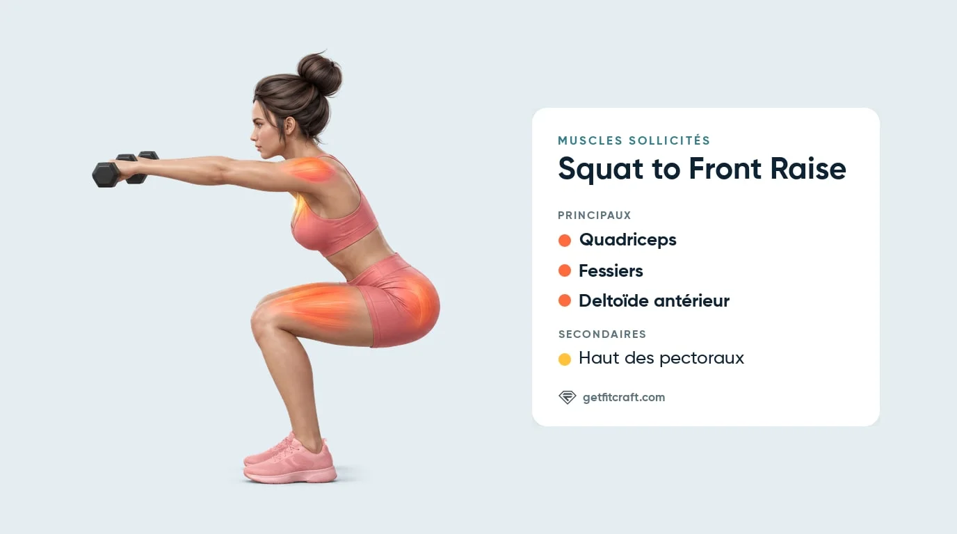 Squat to front raise, muscles : quadriceps, fessiers et deltoïdes antérieurs en surbrillance, haut des pectoraux en aide