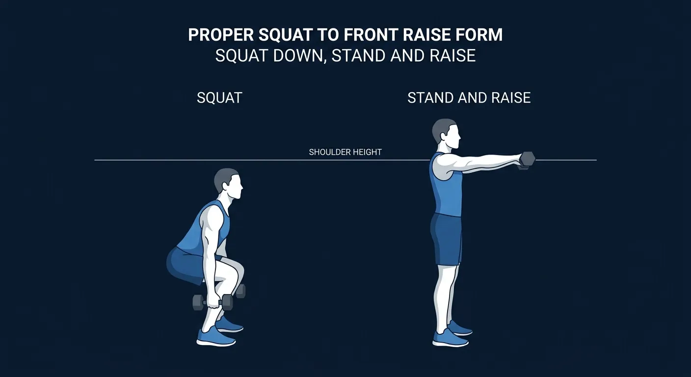 Squat to front raise proper form sequence: parallel-depth dumbbell squat with chest up and knees tracking over toes, then standing tall with both dumbbells raised straight out front at shoulder height
