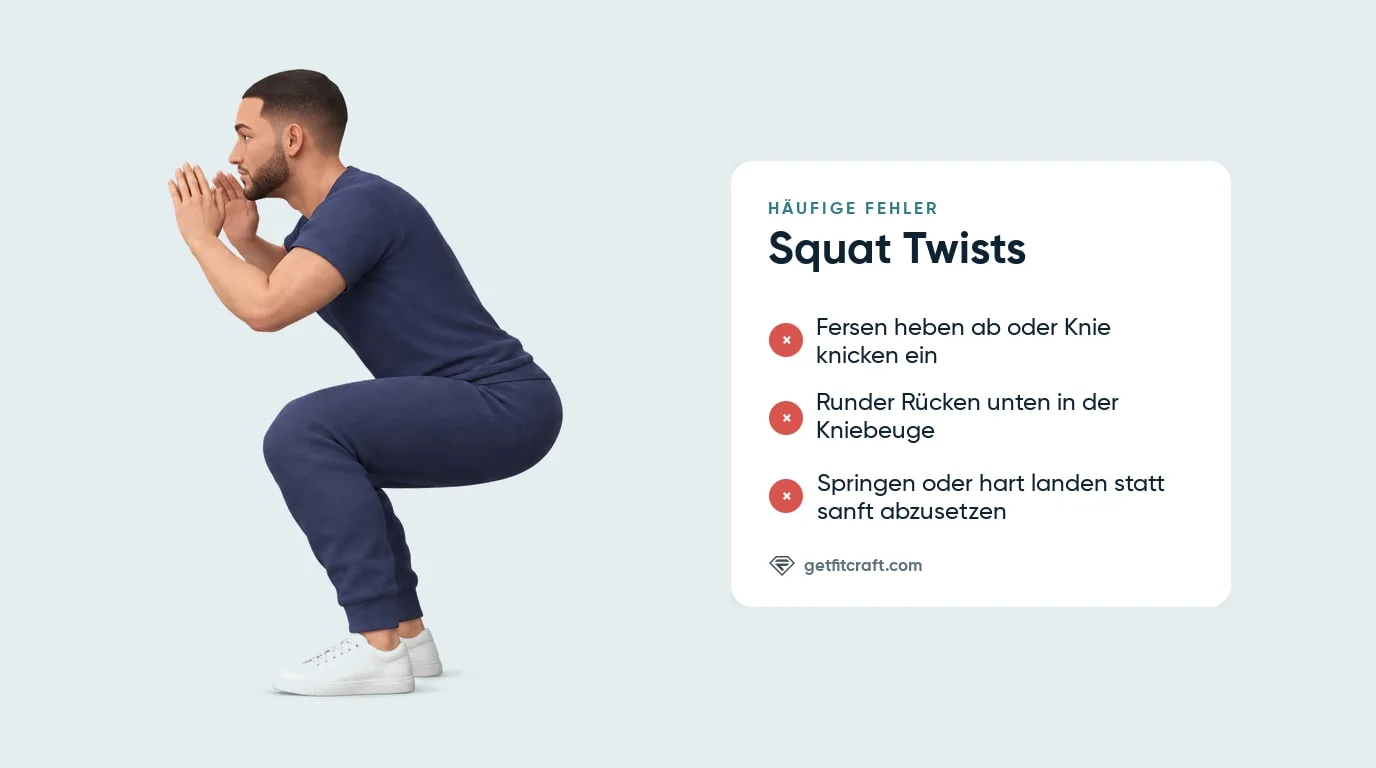 Squat Twist, häufige Fehler neben der richtigen Kniebeuge: Fersen und Rücken flach, Oberschenkel fast waagerecht