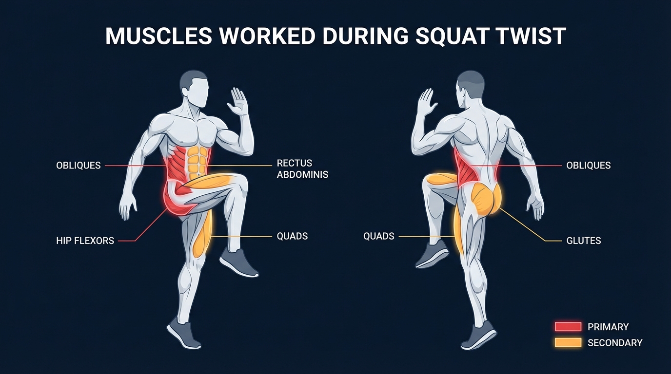 Squat twist muscles targeted diagram showing obliques, rectus abdominis, hip flexors, and transverse abdominis activation during the standing knee drive with torso rotation