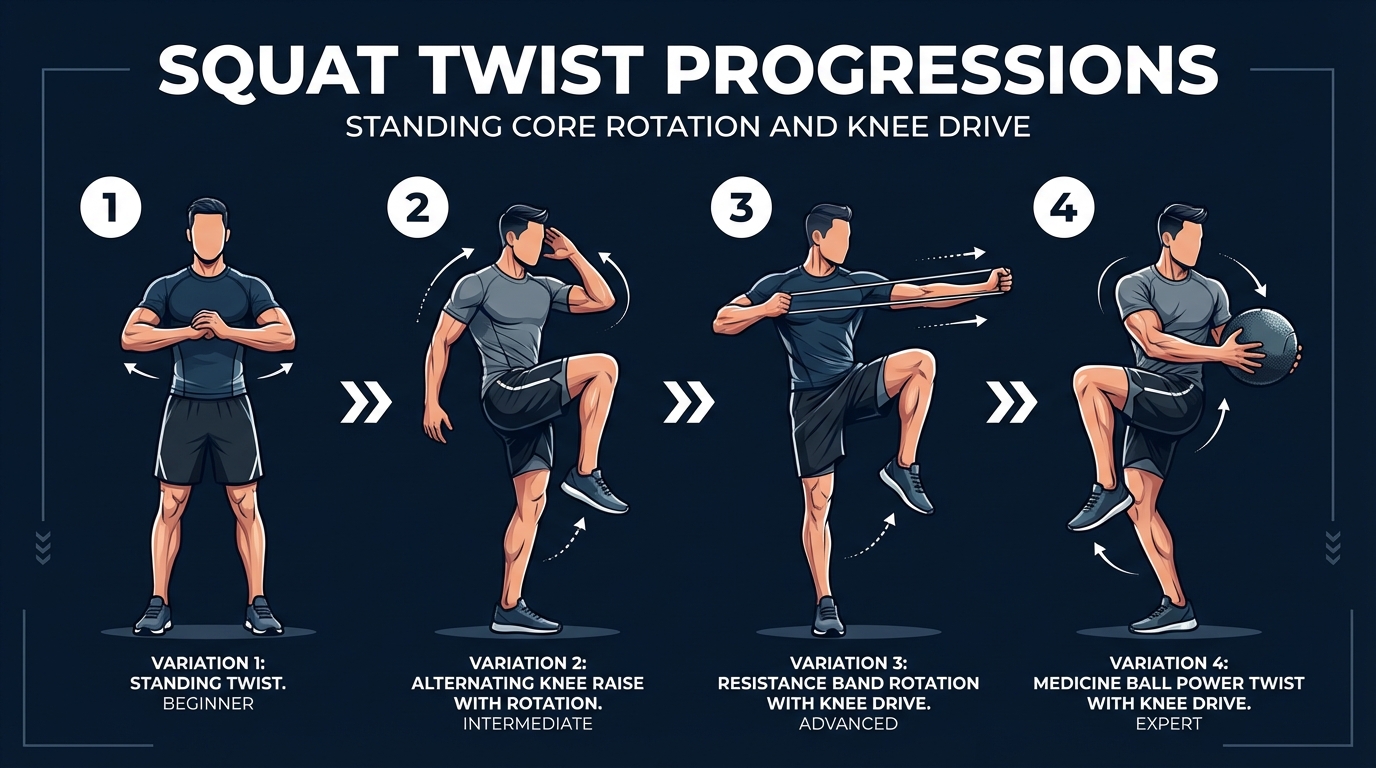 Squat twist progressions from quarter-turn squat twist to half-turn 180 degree squat twist to weighted squat twist with medicine ball showing increasing difficulty