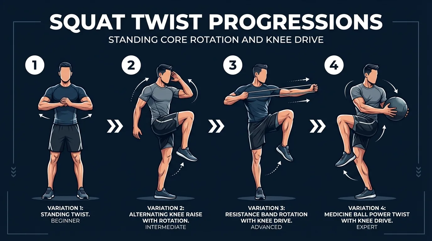 Squat twist progression path from standing twists and jump squats to quarter-turn squat twists, half-turn squat twists, and light loaded squat twists