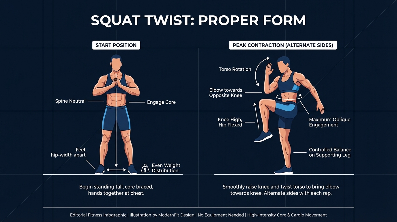 Squat twist proper form showing deep athletic squat position, explosive vertical jump with mid-air 180 degree rotation, and soft landing with bent knees and hands at chest