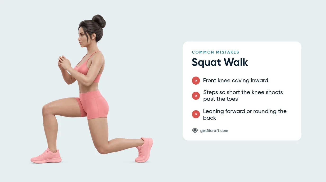 Squat walk common mistakes listed beside the correct lunge step: front knee caving in, steps too short, leaning forward