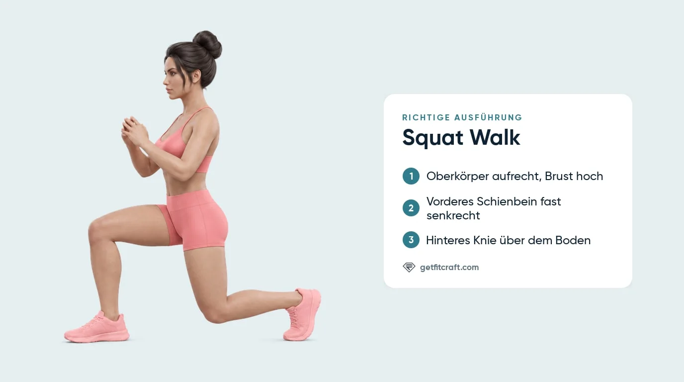 Squat Walk, richtige Technik: vorderes Schienbein fast senkrecht, hinteres Knie über dem Boden, Oberkörper aufrecht