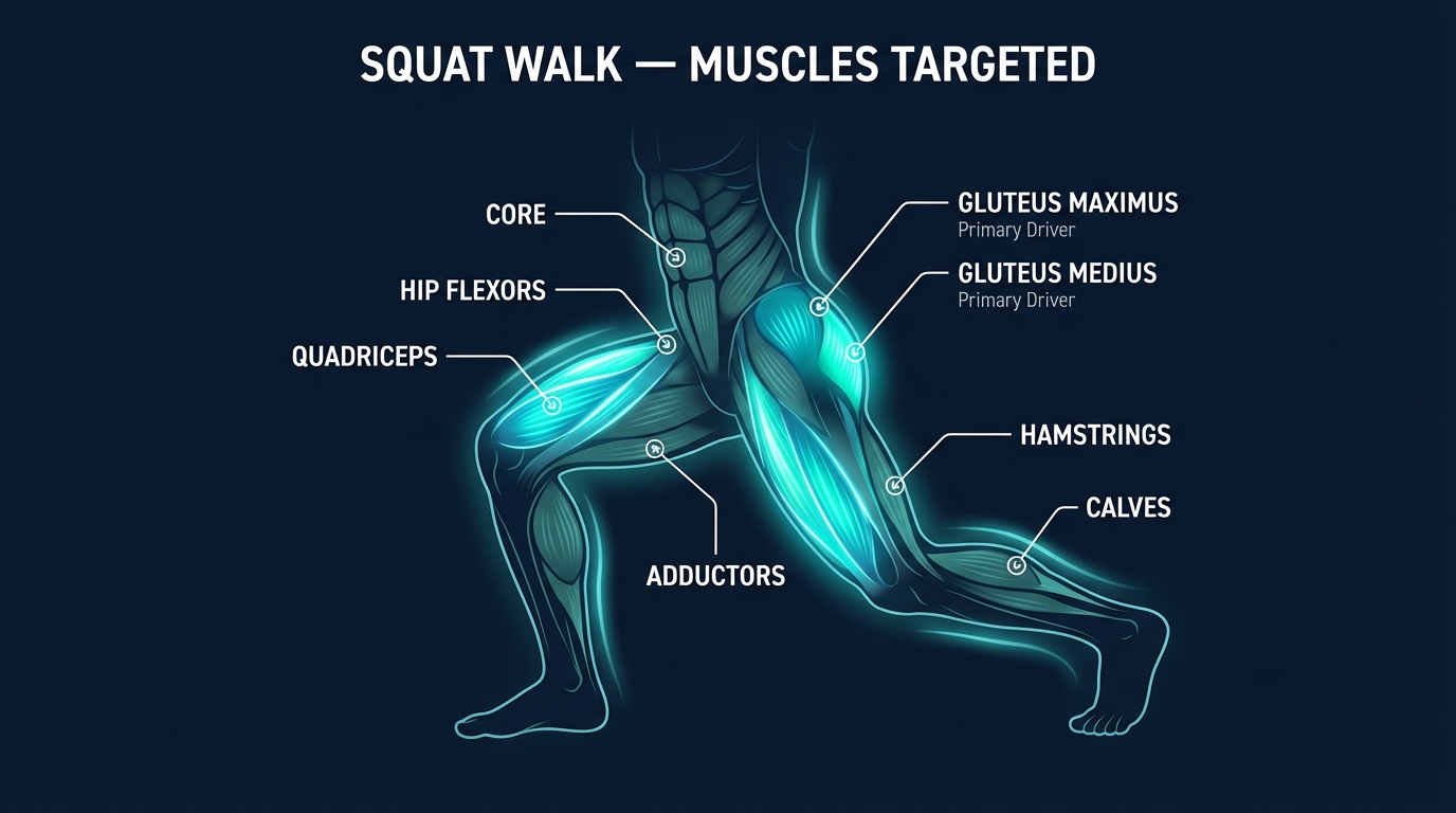 Squat walk muscles targeted diagram showing quadriceps, gluteus maximus, gluteus medius, hamstrings, adductors, and core activation during the walking squat movement