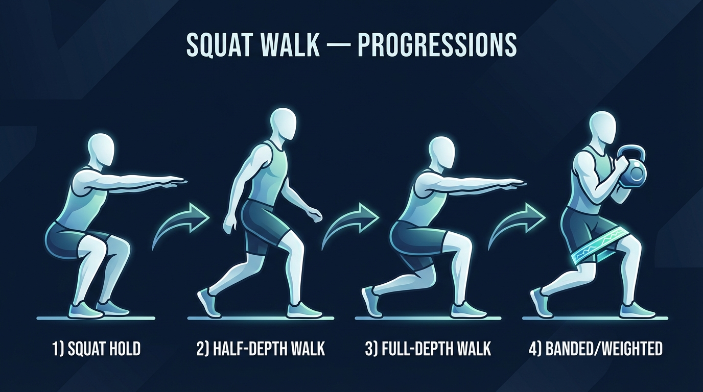 Squat walk progression from stationary squat hold to basic squat walk to banded squat walk to weighted goblet squat walk