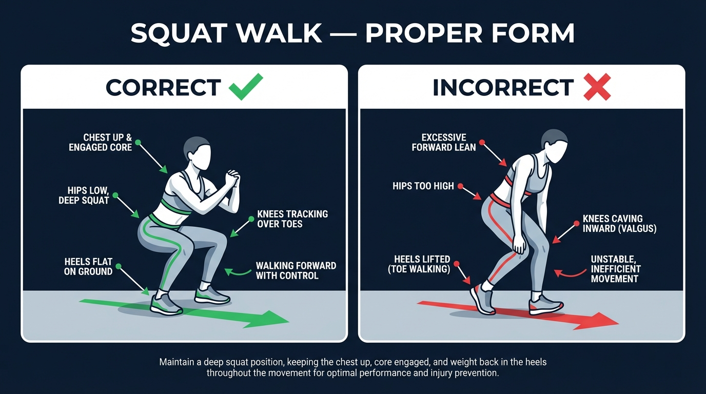 Squat walk proper form showing deep squat position maintained during forward walking with chest up, heels flat, and hips level throughout the movement