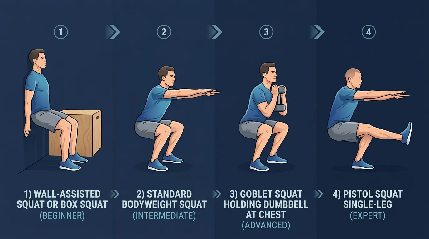 Squat progression from wall sit and quarter squat (beginner) to full bodyweight squat (intermediate) to goblet, front, Bulgarian split, and jump squat (advanced)