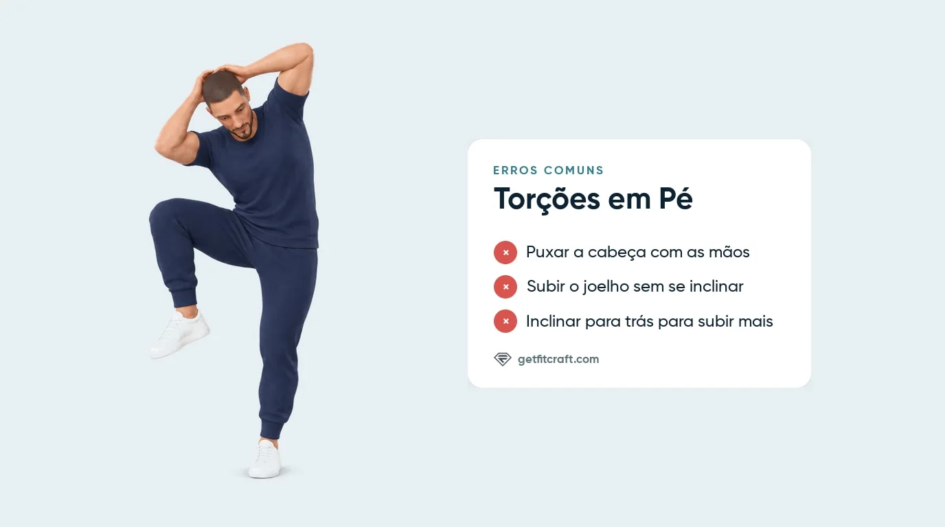Erros comuns nas torções em pé ao lado da postura correta: mãos atrás da cabeça, tronco inclinado para o joelho levantado