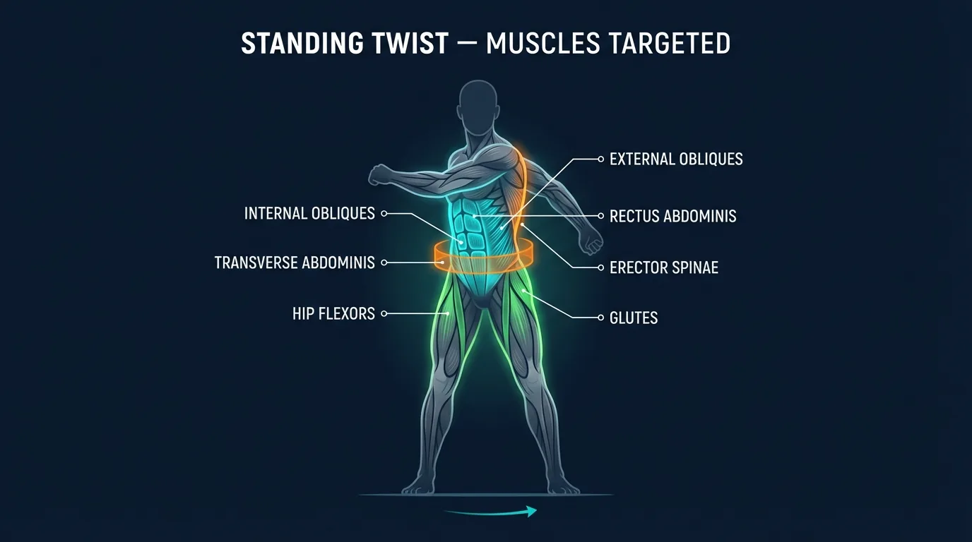Standing Twist muscles targeted — diagram showing obliques, rectus abdominis, transverse abdominis, hip flexors, and glutes engaged during the exercise