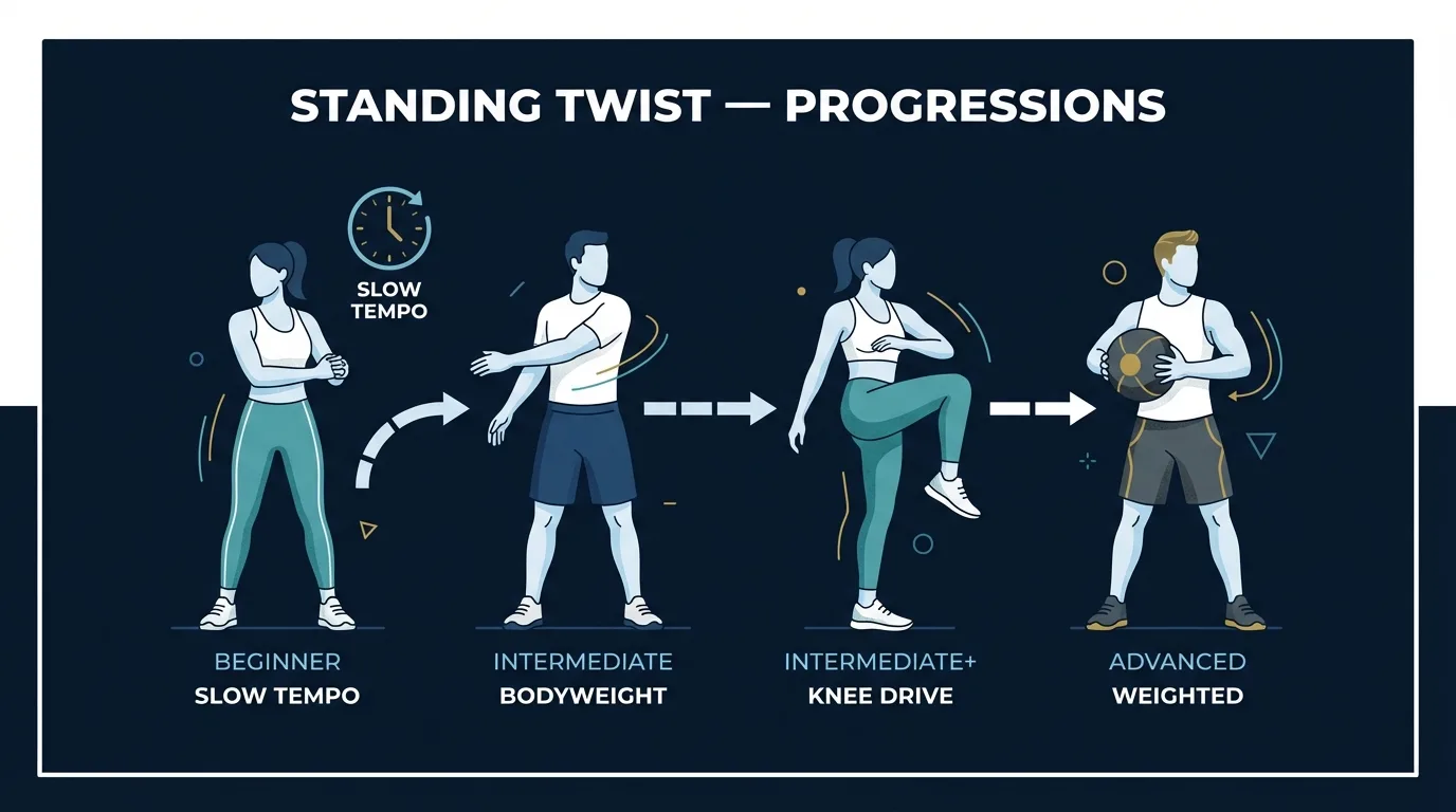 Standing Twist progressions — from slow bodyweight twists for beginners to weighted and knee-drive variations for advanced athletes