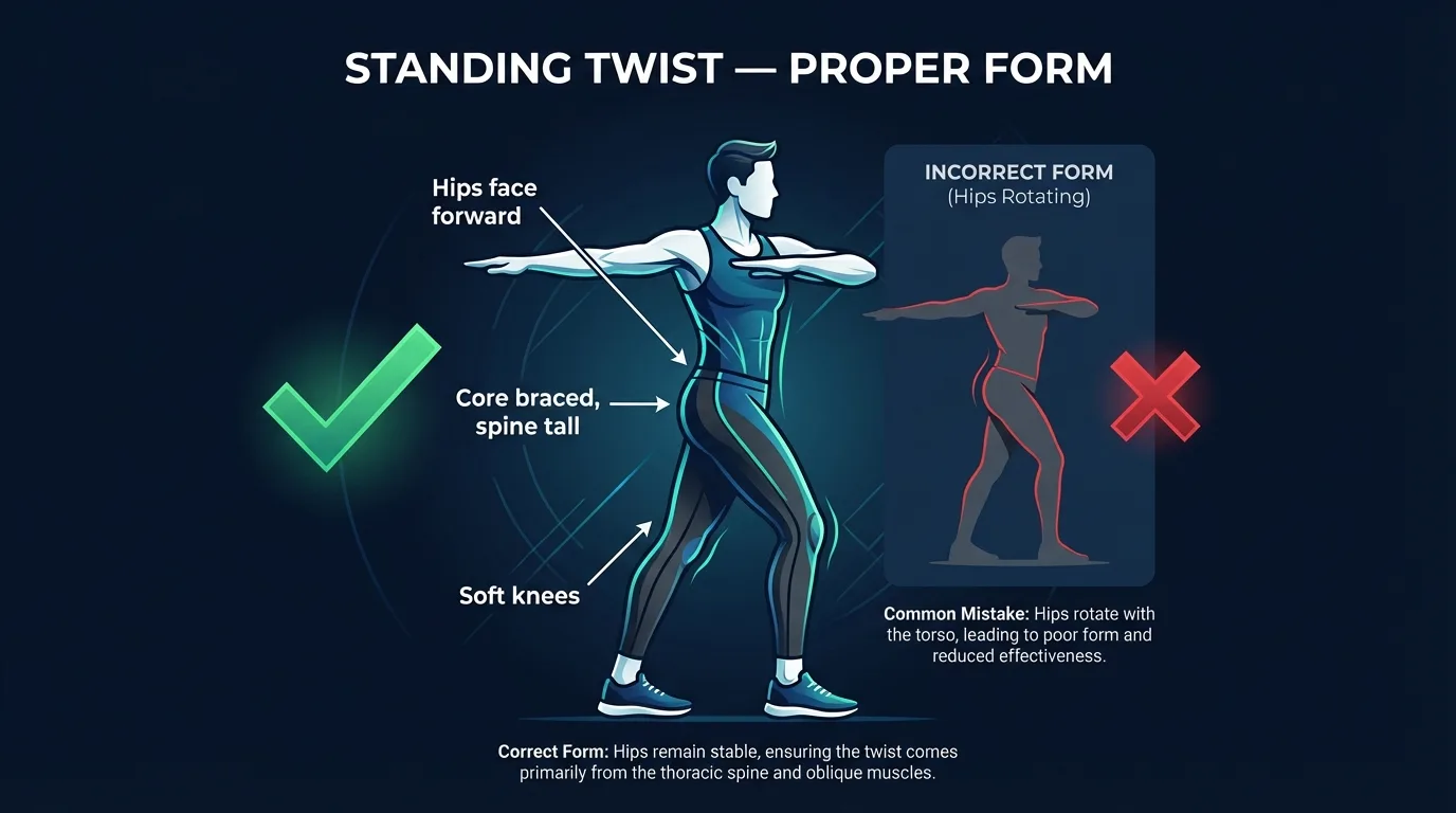 Standing Twist proper form — front view showing upright posture with torso rotated to one side, hips facing forward, knees slightly bent