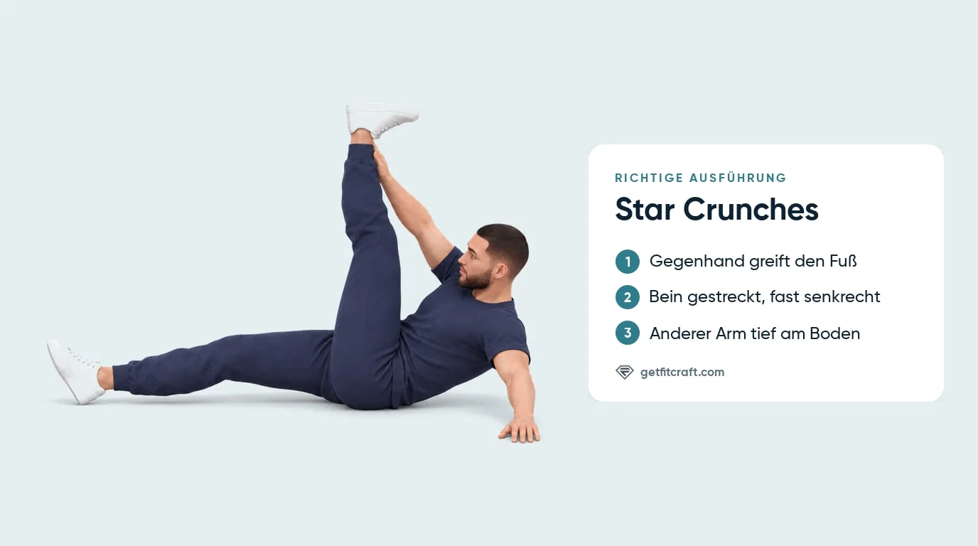 Star Crunches richtig ausführen: Eine Hand greift quer zum gestreckten Bein, der andere Arm bleibt tief am Boden