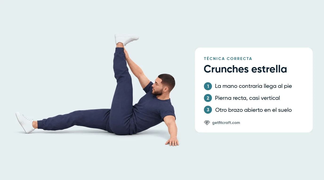 Crunches estrella con buena técnica: una mano cruza hacia la pierna recta levantada y el otro brazo queda abajo