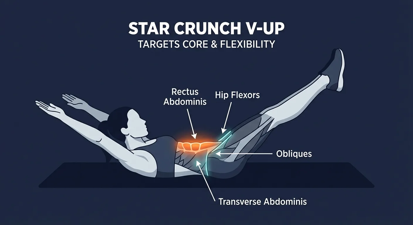 Star crunch muscles targeted anatomy showing rectus abdominis, hip flexors, and transverse abdominis activation
