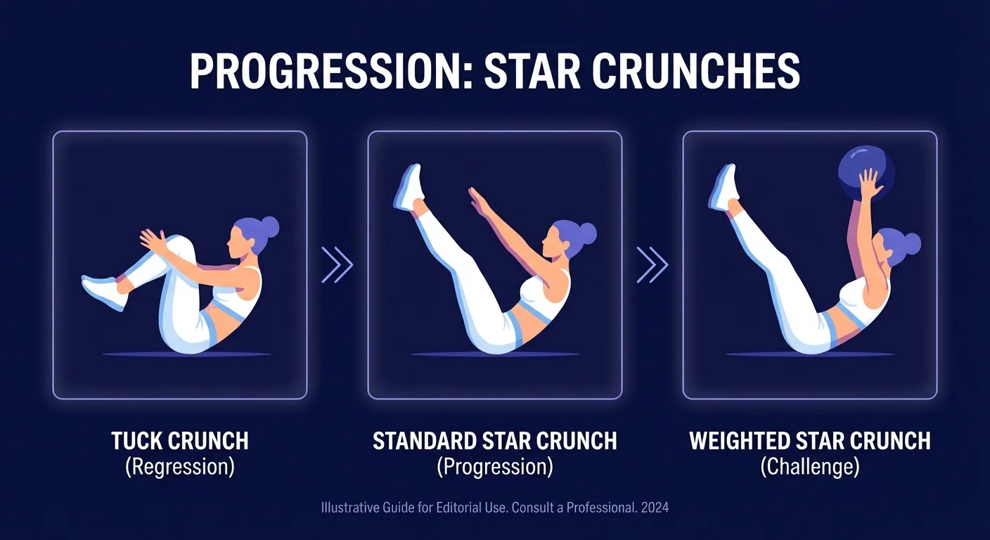 Star crunch variations comparison showing tuck crunch regression, standard star crunch, and weighted star crunch progression