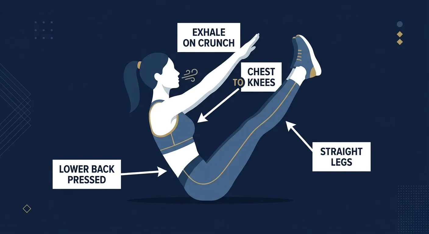 Star crunch proper form side view with cues for lower back contact, straight legs, and chest-to-knee direction