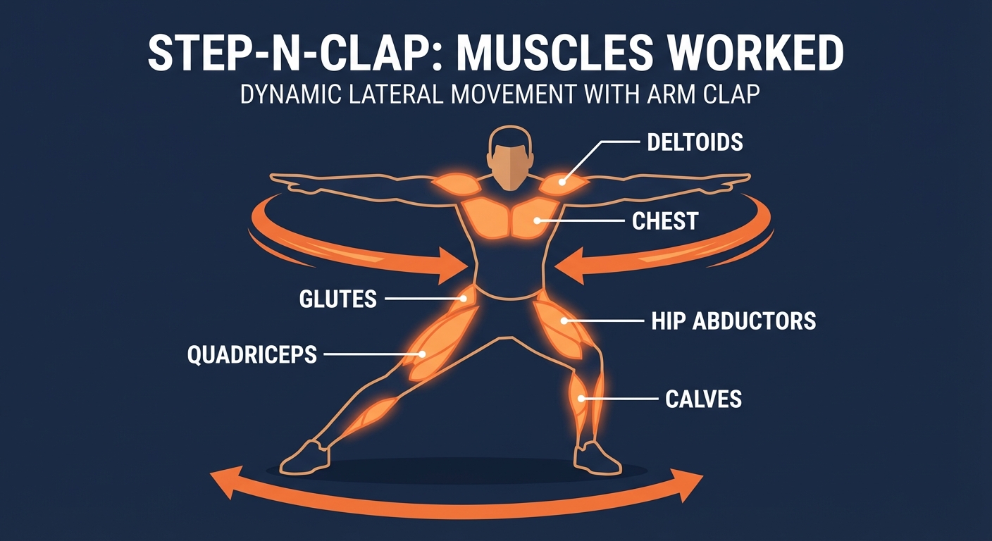 Step-N-Clap muscles targeted diagram showing quads, glutes, hip abductors, and shoulders engaged during the lateral step and long-arm clap