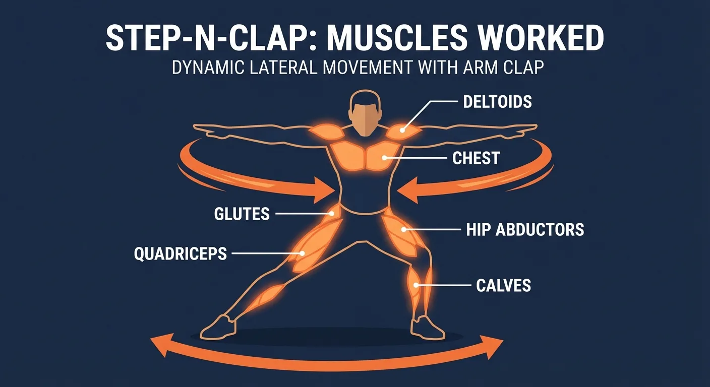 Step-N-Clap muscles targeted: quads, glutes, hip abductors, calves, shoulders, chest, upper back, core, heart, and lungs