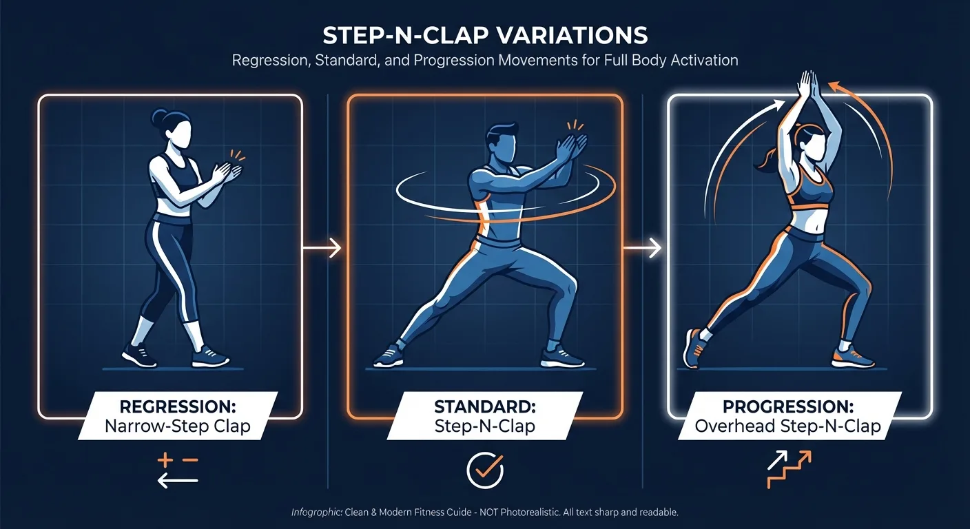 Step-N-Clap progressions showing narrow-step regression, standard wide-step version, and overhead-clap progression