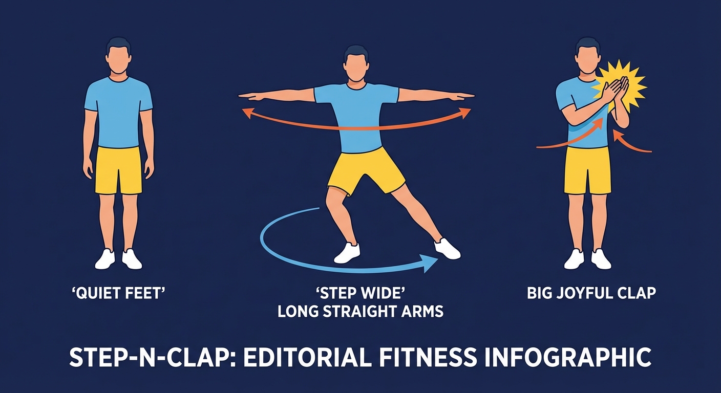 Step-N-Clap proper form sequence showing a wide lateral step with arms sweeping out and meeting in a full-range clap with long straight arms