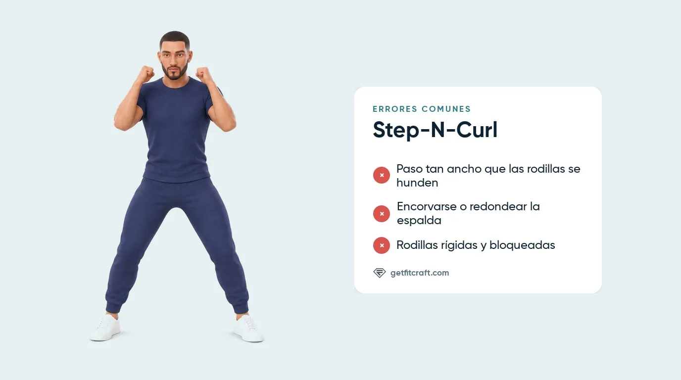 Step curl, errores comunes junto a la postura abierta correcta: rodillas sobre los dedos, espalda recta, puños a los hombros