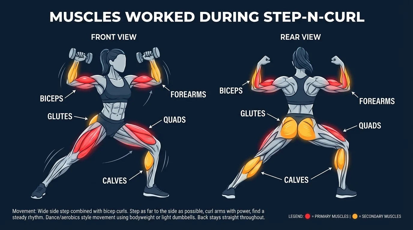 Step-N-Curl muscles targeted diagram showing quadriceps, hip flexors, hamstrings, and glutes activation during the exercise