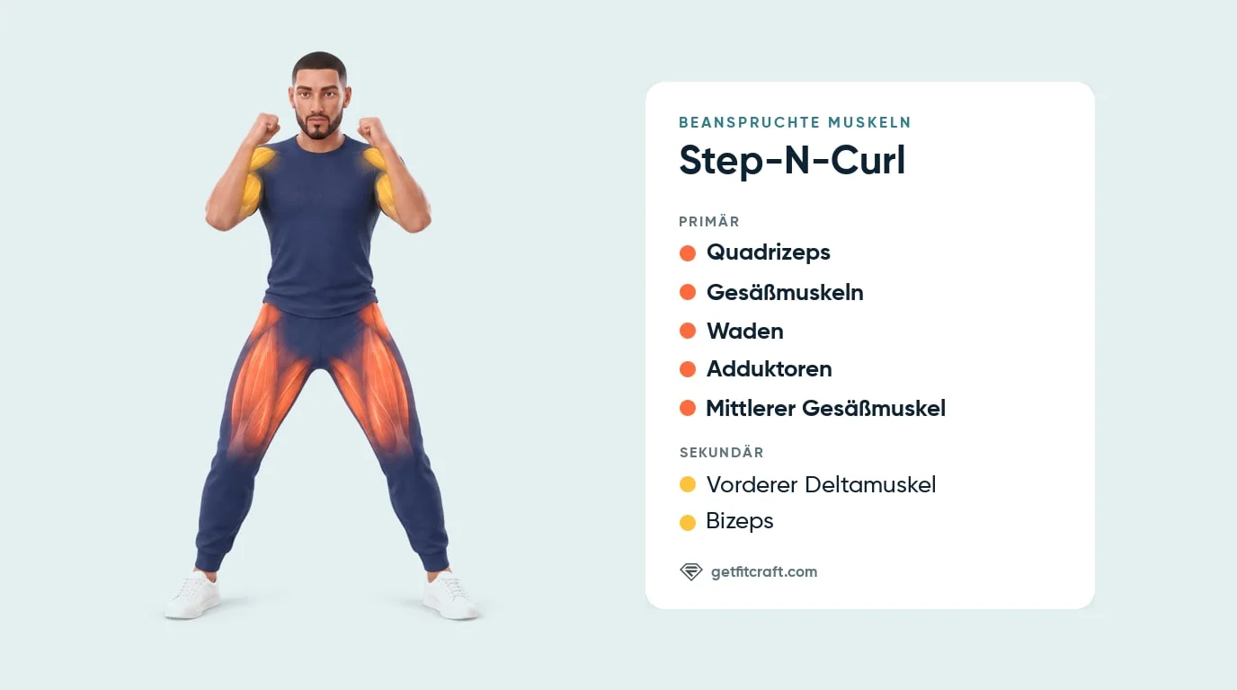 Step-N-Curl Muskeln: Quadrizeps, Gesäßmuskeln, Waden, Adduktoren, mittlerer Gesäßmuskel, vorderer Deltamuskel, Bizeps