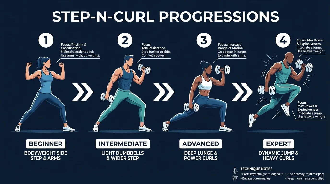 Step-N-Curl exercise variations showing wall-supported regression, standard form, and speed progression with overhead reach