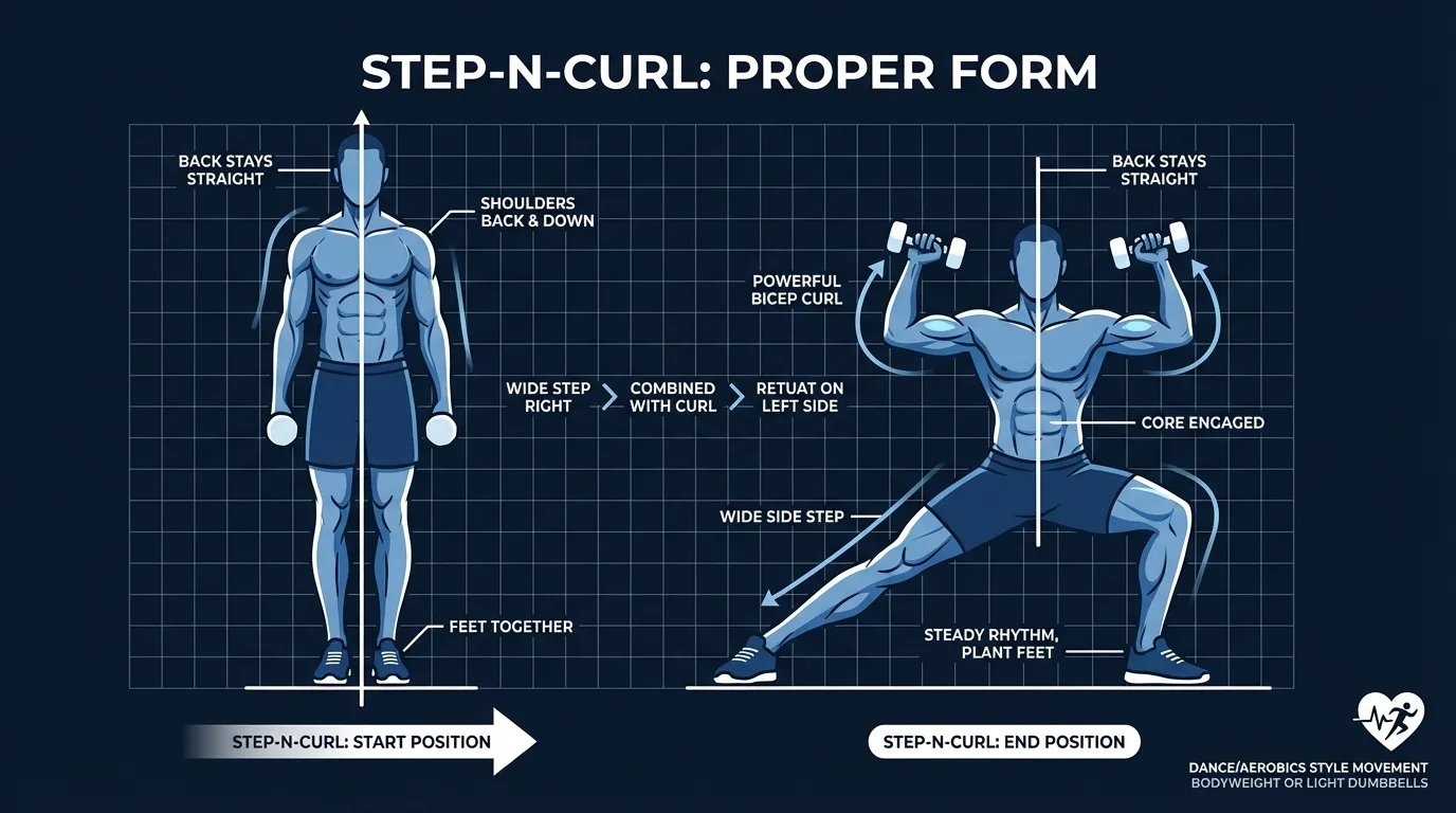 Step-N-Curl proper form showing the two-phase movement: high-knee step followed by standing hamstring curl on alternating legs