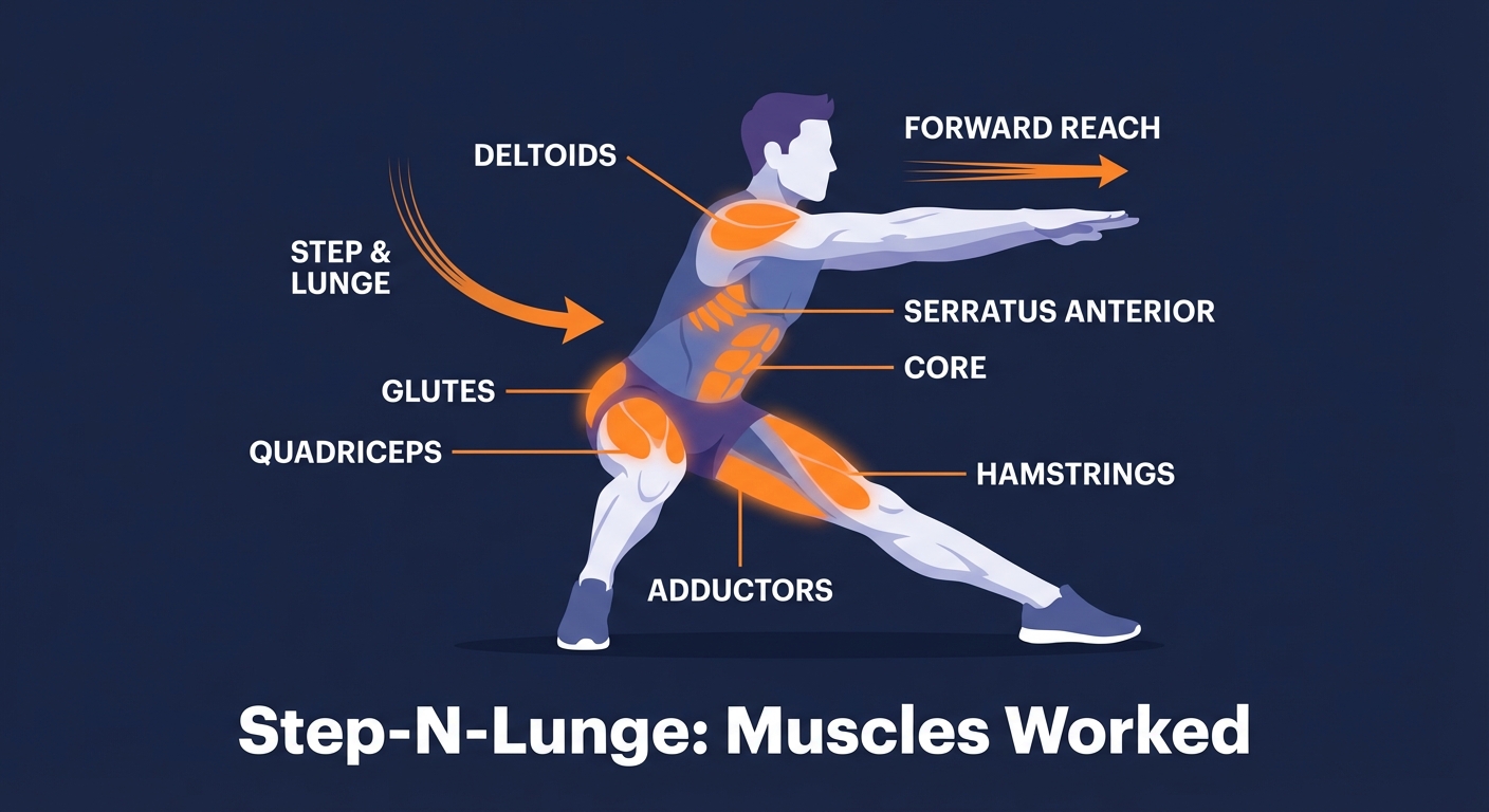 Step-N-Lunge muscles targeted diagram showing quads, glutes, adductors, hamstrings, deltoids, serratus anterior, and core engaged during the side lunge with forward arm reach