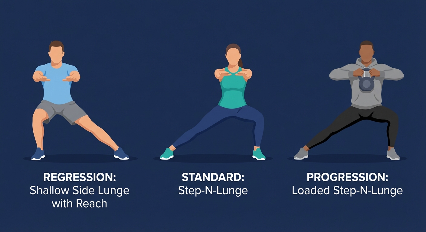 Step-N-Lunge variations showing shallow regression, standard deep side lunge with forward reach, and loaded overhead progression
