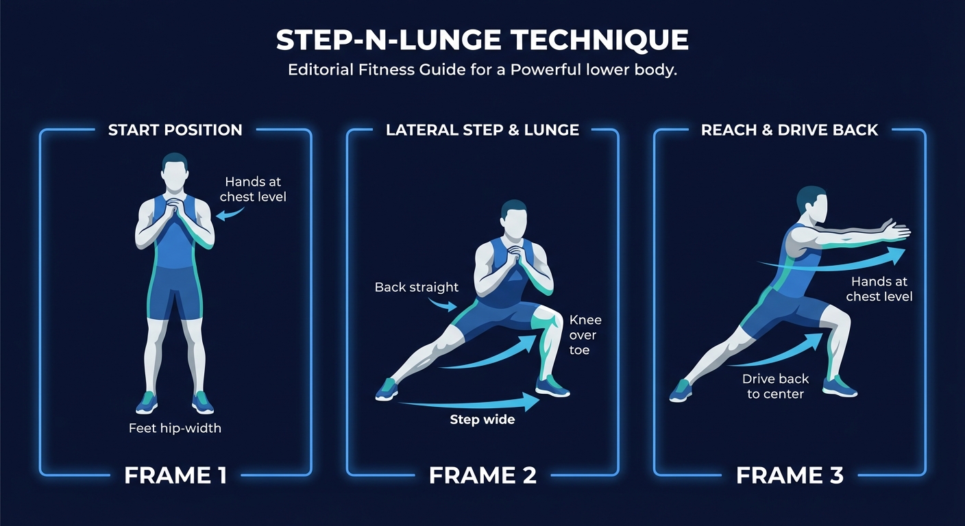 Step-N-Lunge proper form sequence showing the deep side lunge with hands reaching forward at chest height and the straight trailing leg with flat foot