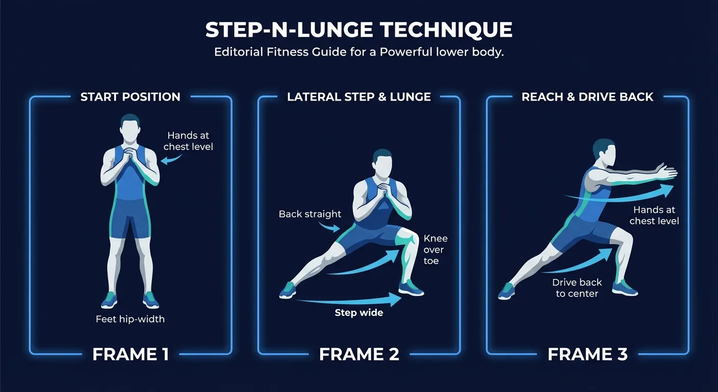 Step-N-Lunge proper form sequence with a wide lateral step, bent lunging knee, straight trailing leg, flat feet, and hands reaching forward at chest level