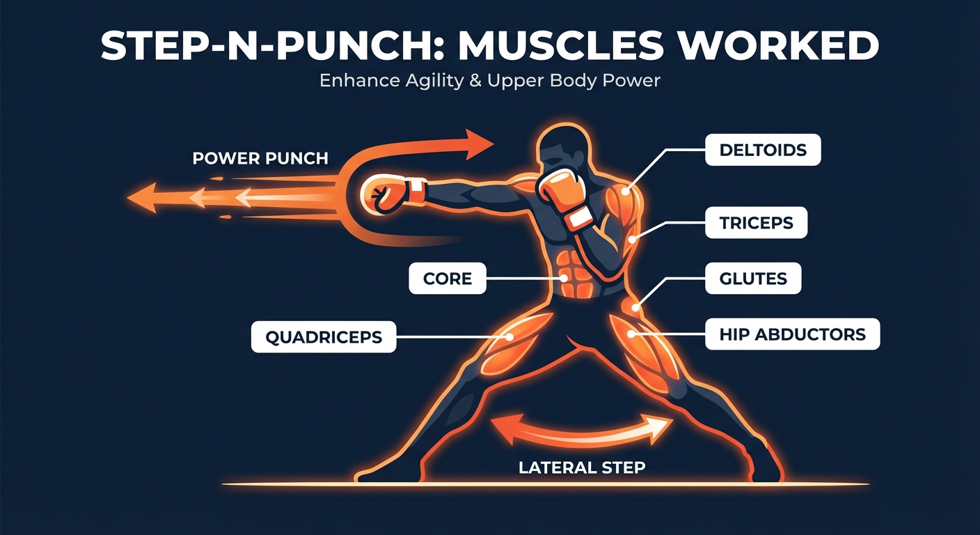 Step-N-Punch muscles targeted diagram showing quads, glutes, hip abductors, deltoids, triceps, and core engaged during the lateral step and straight-arm punch