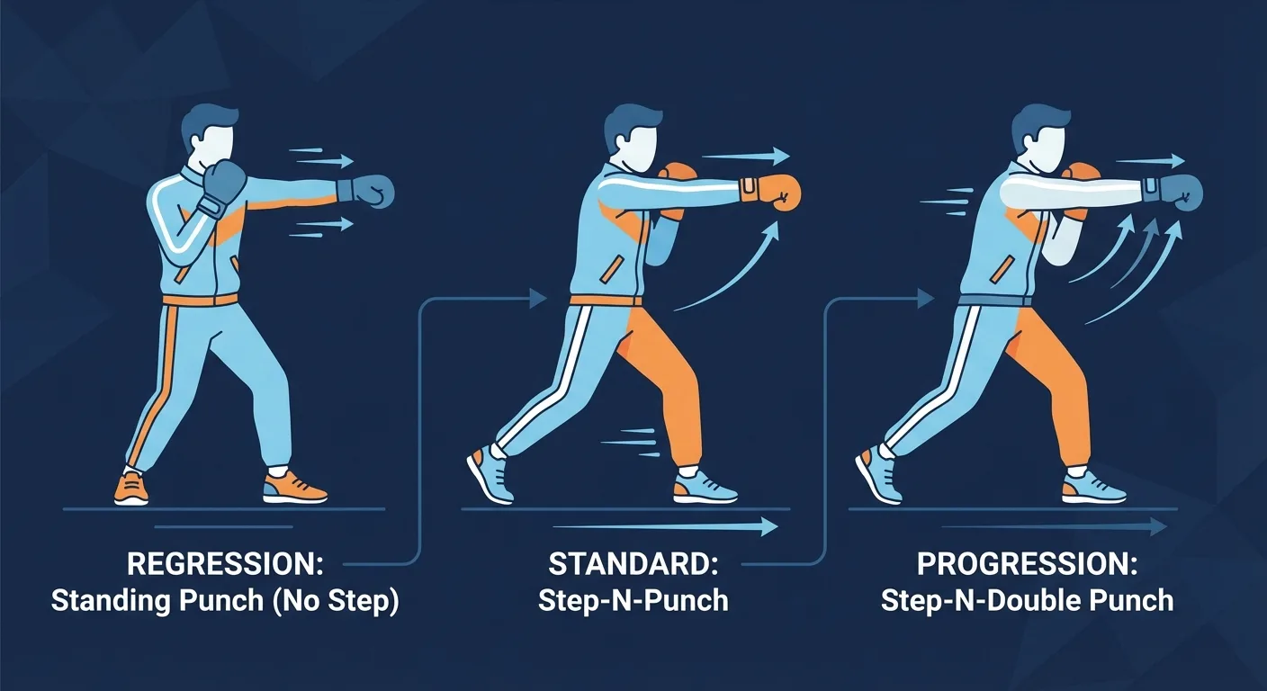 Step-N-Punch progressions showing standing punches, standard Step-N-Punch, and double-punch variations for low-impact cardio