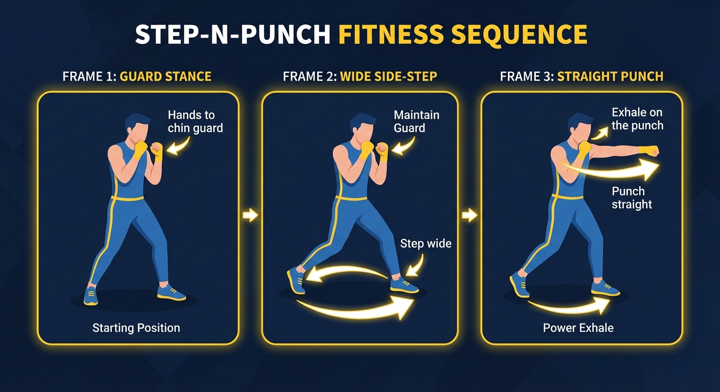 Step-N-Punch proper form sequence showing a wide lateral step with an alternating straight-arm punch extended out in front of the chest and the opposite fist held at chin as guard