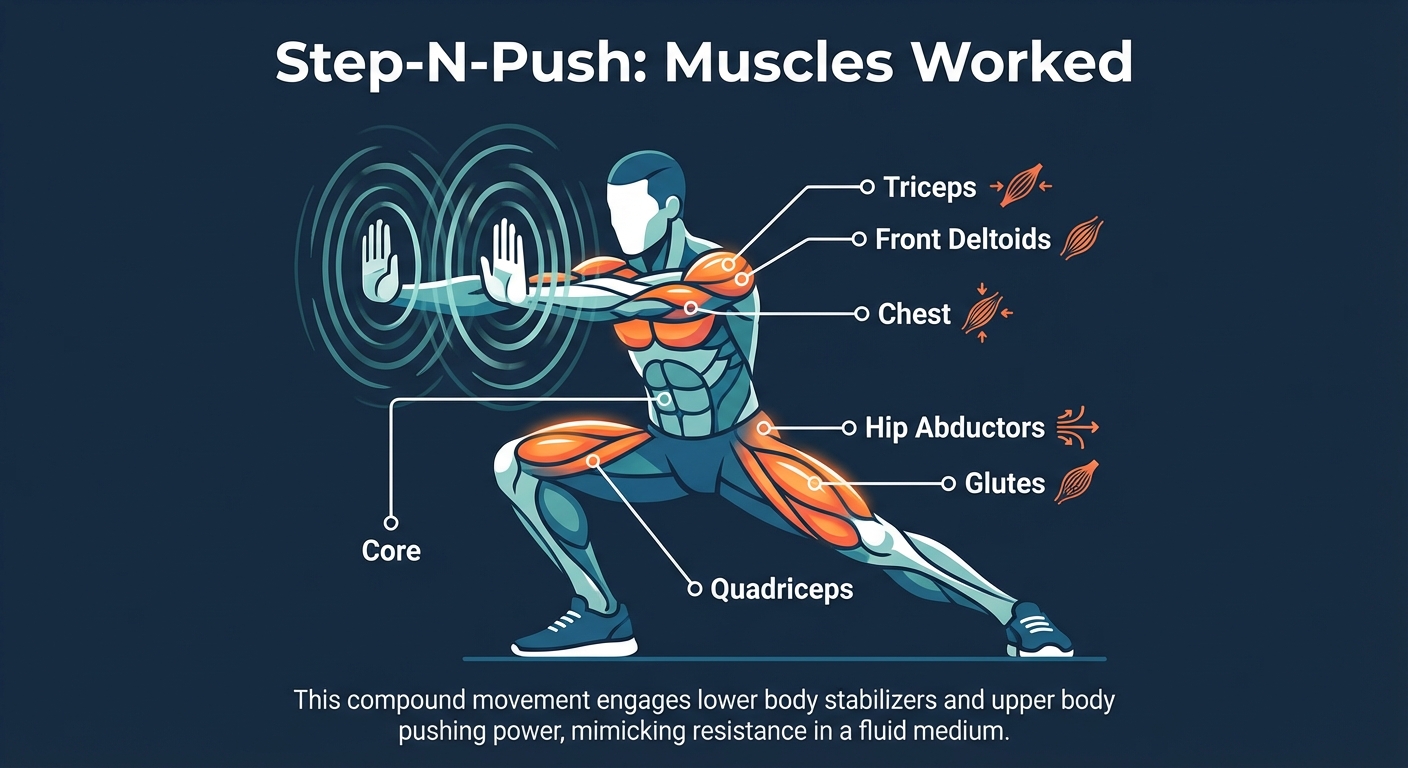 Step-N-Push muscles targeted diagram showing quads, glutes, hip abductors, chest, deltoids, triceps, and core activated during the lateral step and slow forward palm push